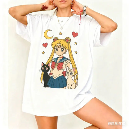 White breathable cotton short sleeve t-shirt featuring sailor moon with her two cats and celestial motifs print