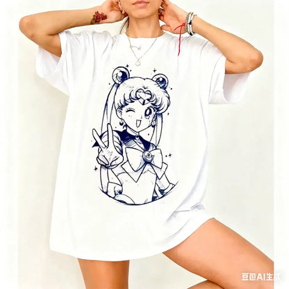 White oversized short sleeve t-shirt with blue ink sailor moon illustration made from breathable cotton