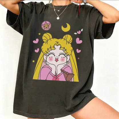 Black oversized short sleeve t-shirt with colorful sailor moon print and pink hearts stars on breathable cotton