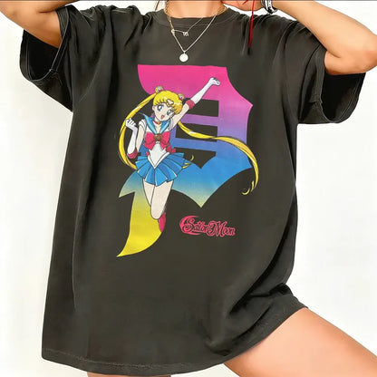 Black oversized sailor moon graphic t-shirt with vibrant gradient design breathable cotton short sleeve tee