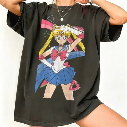 Black breathable cotton short sleeve t-shirt featuring a vibrant sailor moon graphic with pink blue and yellow accents