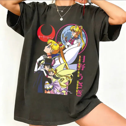 Black oversized breathable cotton short sleeve sailor moon t-shirt with colorful graphic and vertical tsubasa usagi text