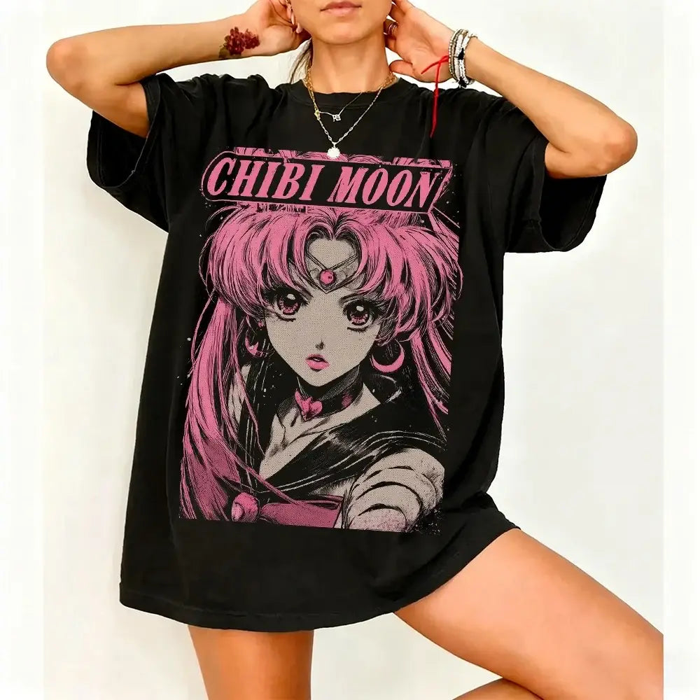 Black oversized sailor moon short sleeve t-shirt with vibrant pink chibi moon graphic made of breathable cotton