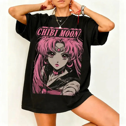 Black oversized sailor moon short sleeve t-shirt with vibrant pink chibi moon graphic made of breathable cotton