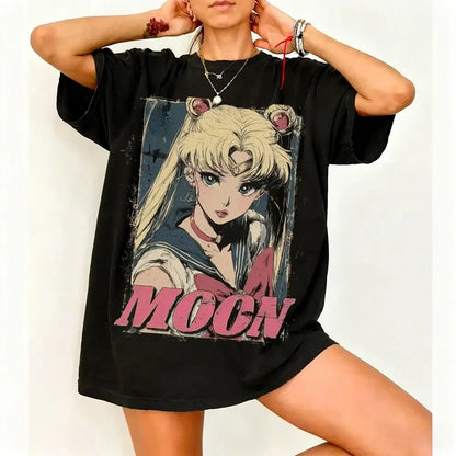 Black oversized sailor moon graphic t-shirt with distressed print pink lettering breathable cotton short sleeve design