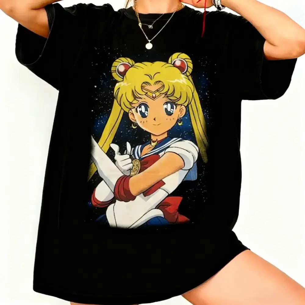 Black oversized sailor moon graphic t-shirt with vibrant print on breathable cotton short sleeve for casual wear