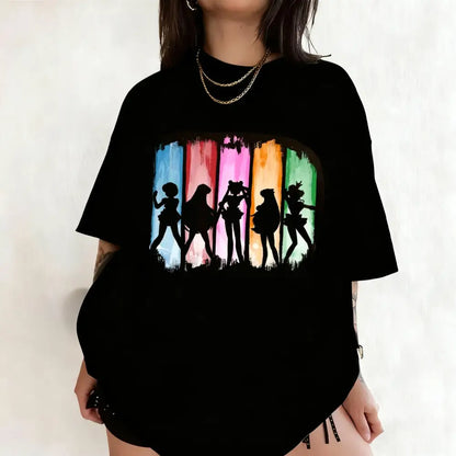 Black oversized short sleeve sailor moon t-shirt with breathable cotton featuring rainbow silhouette graphic