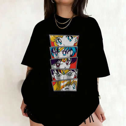 Black oversized sailor moon short sleeve t-shirt in breathable cotton with colorful anime face panels front design
