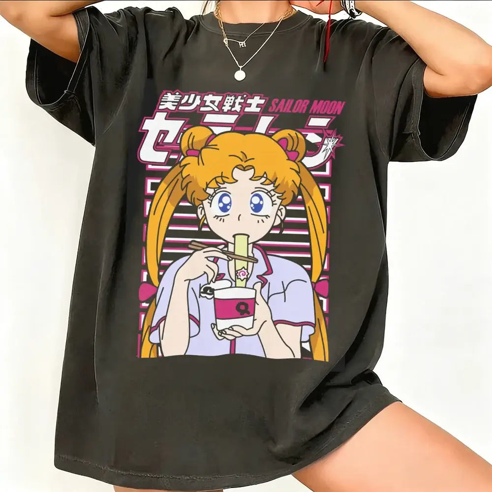 Black oversized sailor moon short sleeve t-shirt in breathable cotton with vibrant pink and white graphic print