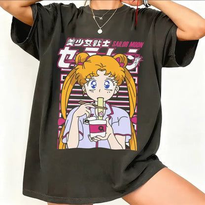 Black oversized sailor moon short sleeve t-shirt in breathable cotton with vibrant pink and white graphic print