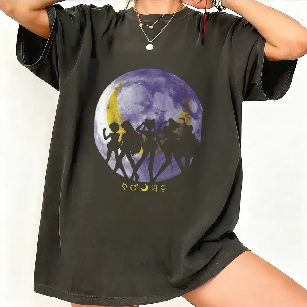Black oversized sailor moon short sleeve t-shirt in breathable cotton with dancing silhouettes and zodiac moon graphic