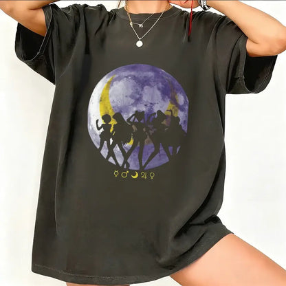 Black oversized sailor moon short sleeve t-shirt in breathable cotton with dancing silhouettes and zodiac moon graphic