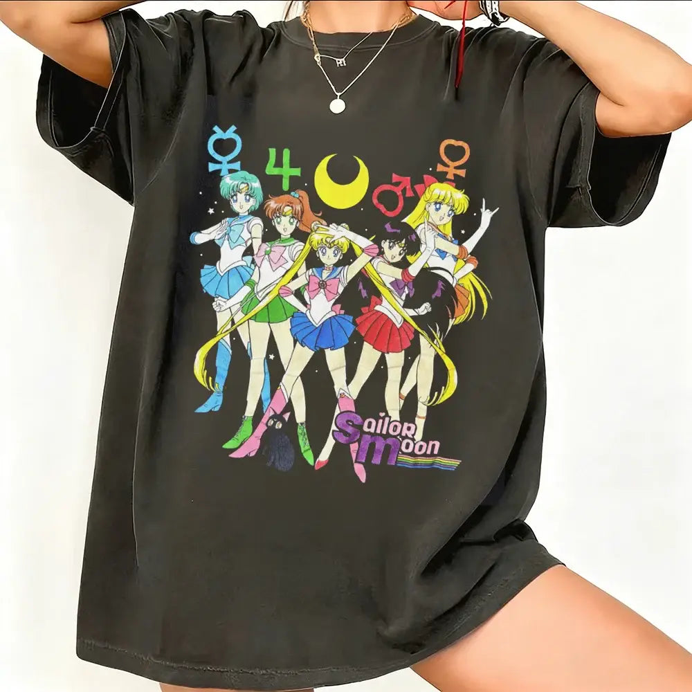 Black oversized sailor moon t-shirt with colorful print breathable cotton short sleeve perfect for casual wear