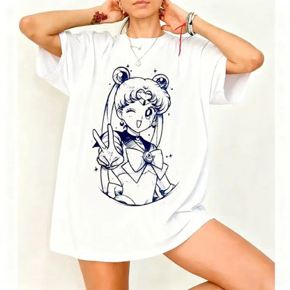 White oversized sailor moon graphic t-shirt with blue ink illustration made of breathable cotton short sleeve design