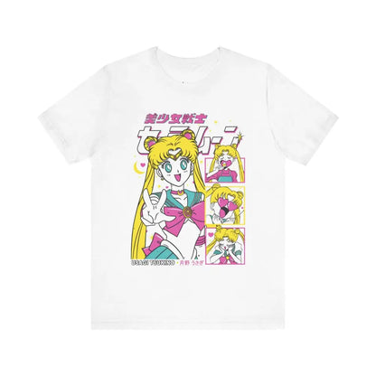 White cotton short sleeve t-shirt with vibrant retro-style sailor moon anime graphic in pink and teal accents