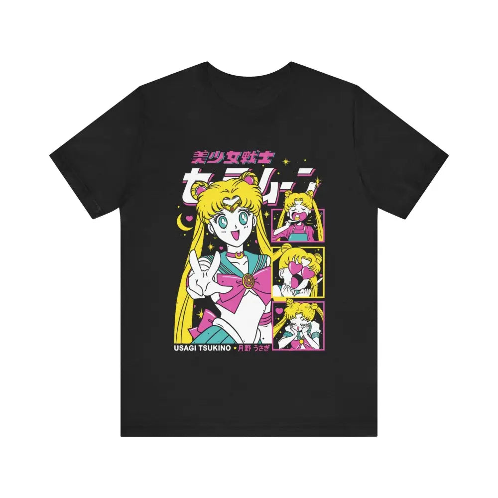 Black cotton short sleeve t-shirt with vibrant retro-style sailor moon anime graphic in pink and yellow accents