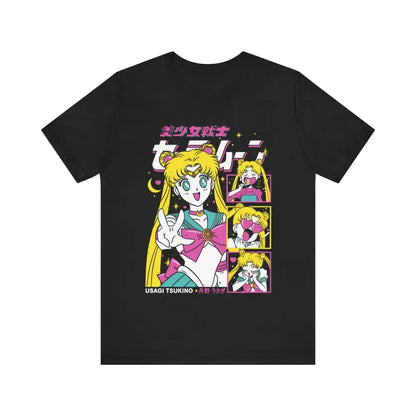 Black cotton short sleeve t-shirt with vibrant retro-style sailor moon anime graphic in pink and yellow accents
