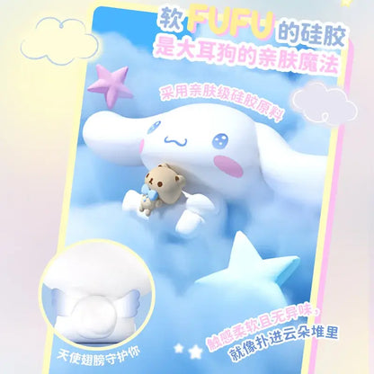 A soft white silicone sanrio cinnamoroll led figure with pink cheeks holding a teddy bear atmosphere lamp