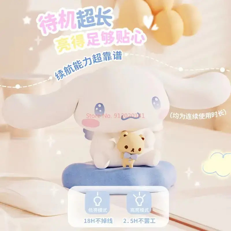 Sanrio cinnamoroll led atmosphere lamp with soft white glow and plush texture holding a small bear figure