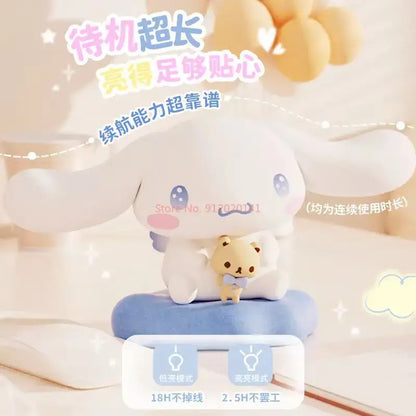 Sanrio cinnamoroll led atmosphere lamp with soft white glow and plush texture holding a small bear figure