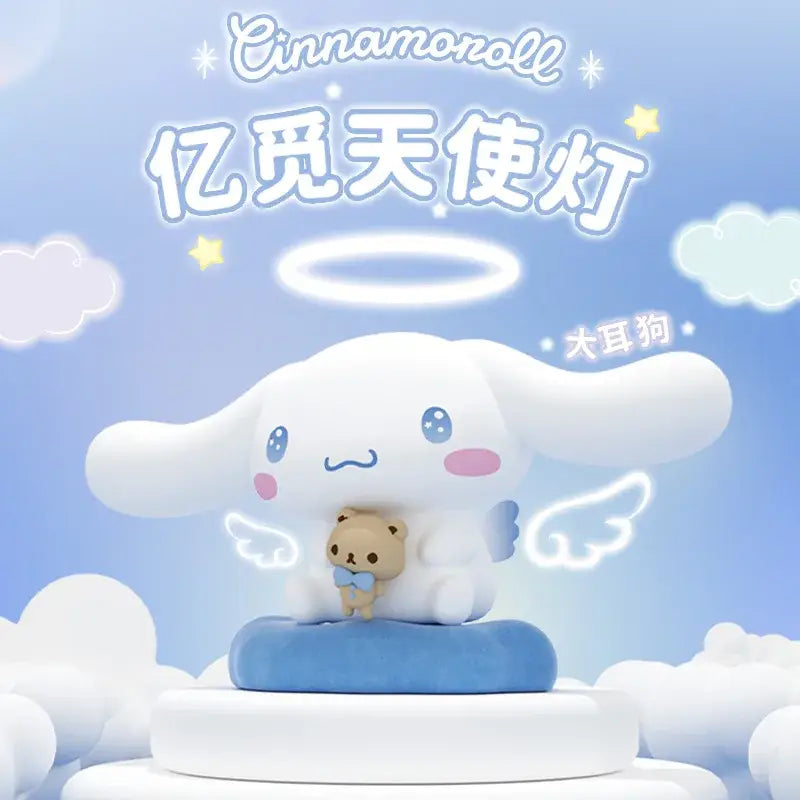 White cinnamoroll angel figurine with plush texture holding teddy bear and glowing wings as an atmosphere lamp