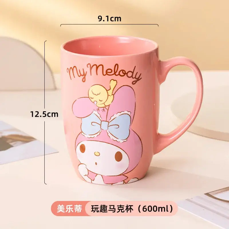 Pink sanrio hello kitty ceramic mug featuring my melody design with light blue bow and yellow bird 600ml capacity