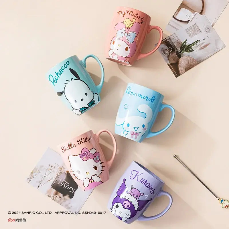 Pastel-colored ceramic mug featuring sanrio characters like hello kitty my melody and cinnamoroll large 600ml capacity