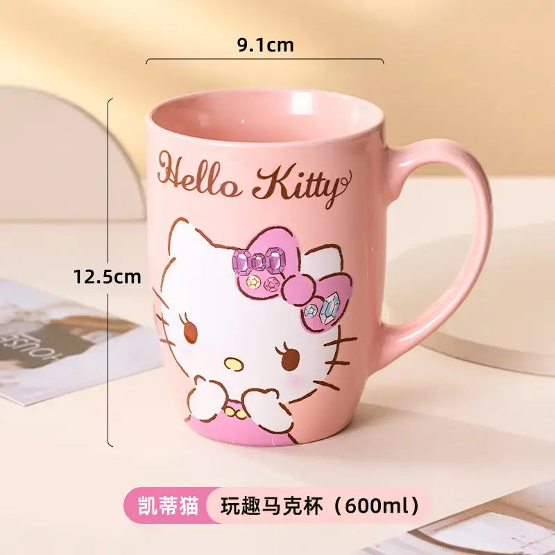 Pink sanrio hello kitty ceramic mug with jeweled bow and brown cursive lettering 600ml large capacity ceramic mug