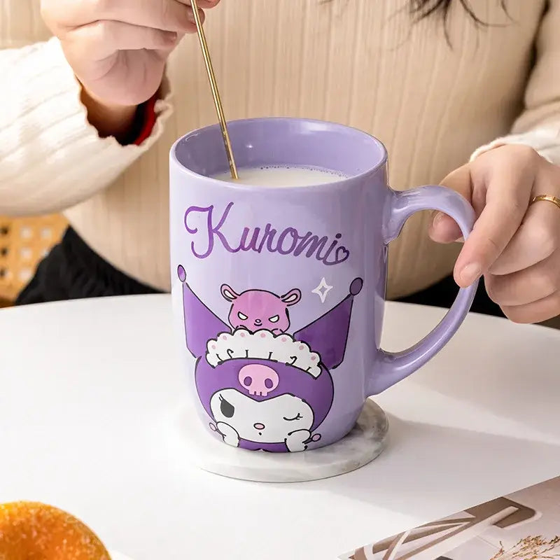Purple ceramic mug featuring kuromi character design and kuromis in cursive script large 600ml capacity