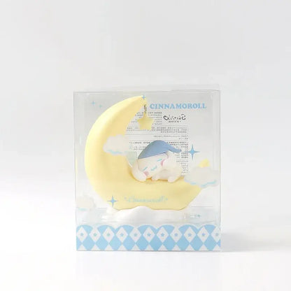 Sanrio Kuromi Cinnamoroll LED crescent night light with soft white fur plush on a yellow crescent moon base with blue hat details
