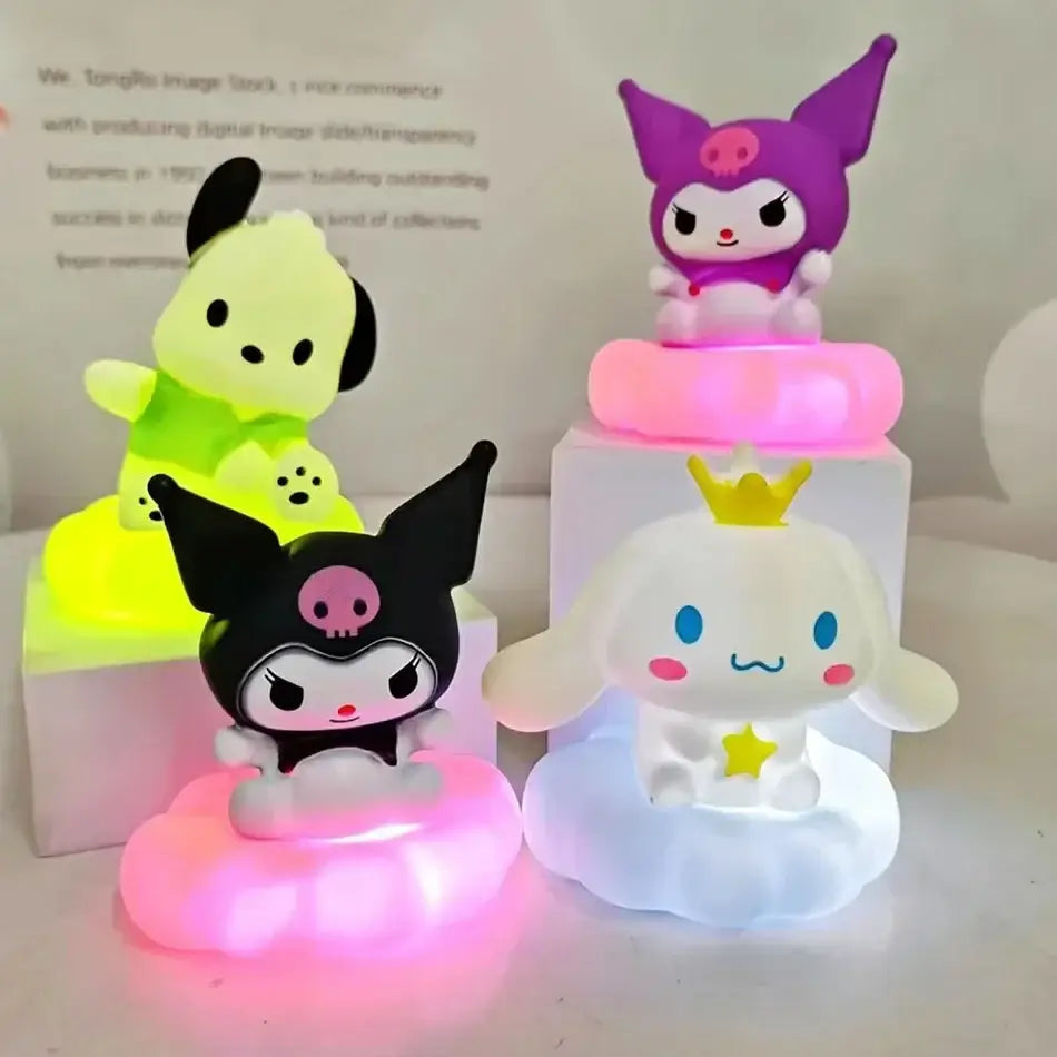 Sanrio kuromi cloud night light led lamp plush figurines in purple and white with glowing bases in cute poses