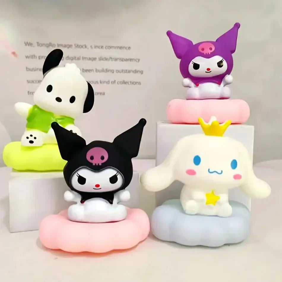 Sanrio Kuromi purple and white plush night light with black ears pink skull detail sitting on a cloud night light base