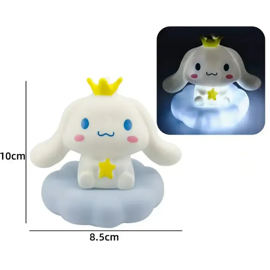 Sanrio Kuromi cloud night light led lamp featuring white cinnamoroll figurine with yellow crown on glowing blue cloud base