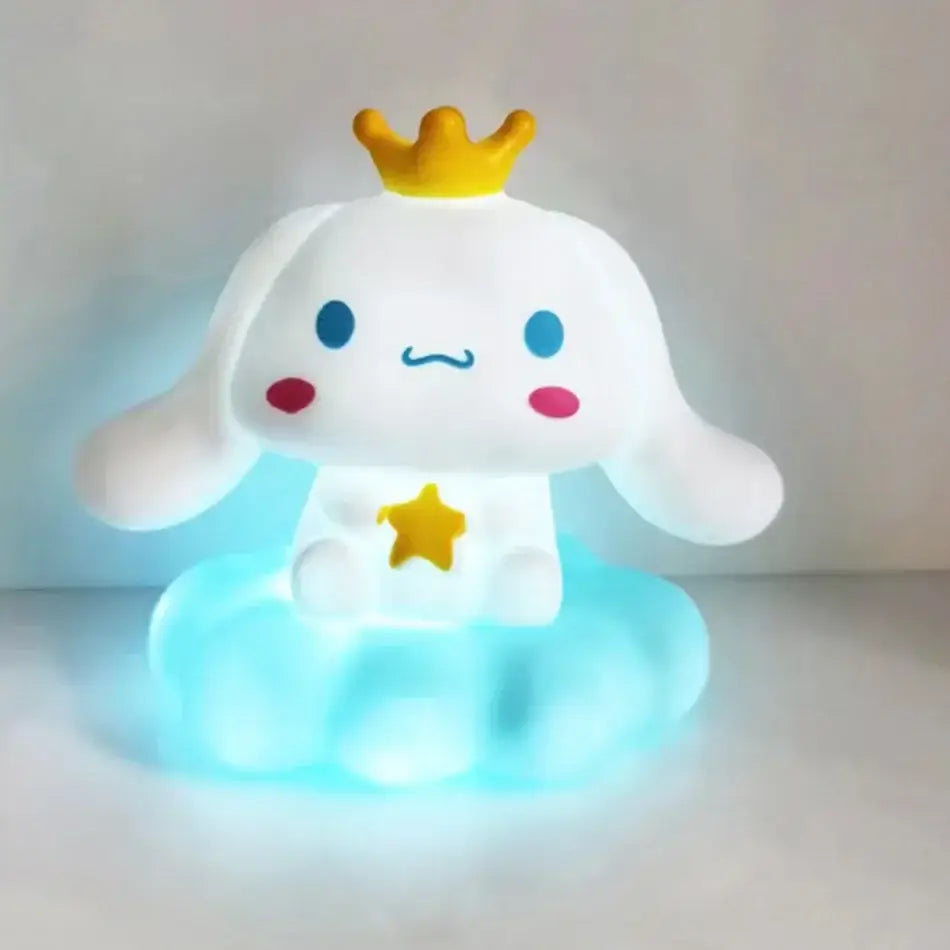 Sanrio kuromi cloud night light with white cinnamoroll plush, yellow crown, star, on glowing blue cloud base