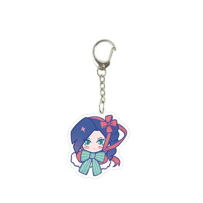 Cute chibi girl killer seven acrylic keychain with dark blue hair red bow silver metal clip and chain pendant