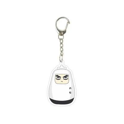 White acrylic killer seven keychain featuring a cute cartoon ninja in a white hooded outfit with black accents