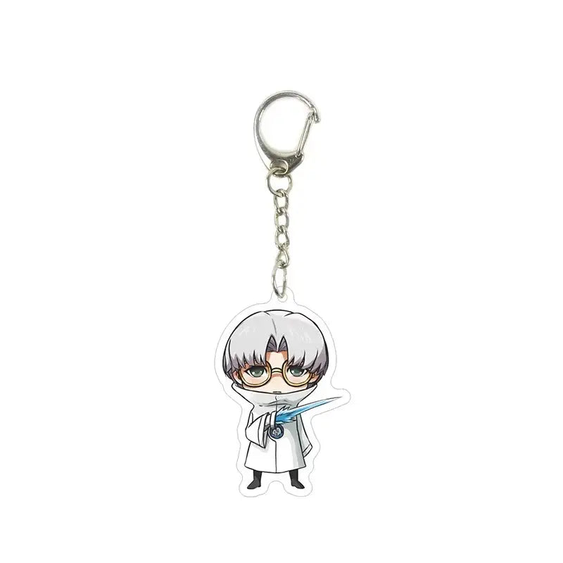 Silver acrylic killer seven keychain featuring a chibi white-haired character with glasses holding a glowing blue sword