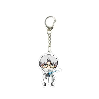 Silver acrylic killer seven keychain featuring a chibi white-haired character with glasses holding a glowing blue sword