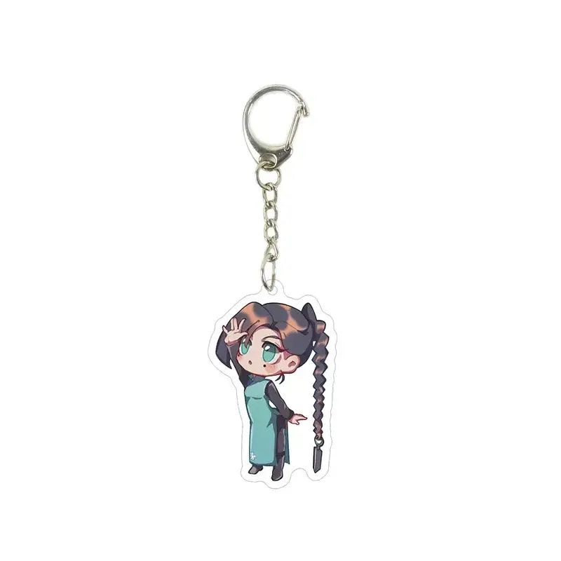 Chibi-style killer seven acrylic keychain featuring a dark-haired character in pigtails with green eyes and teal dress