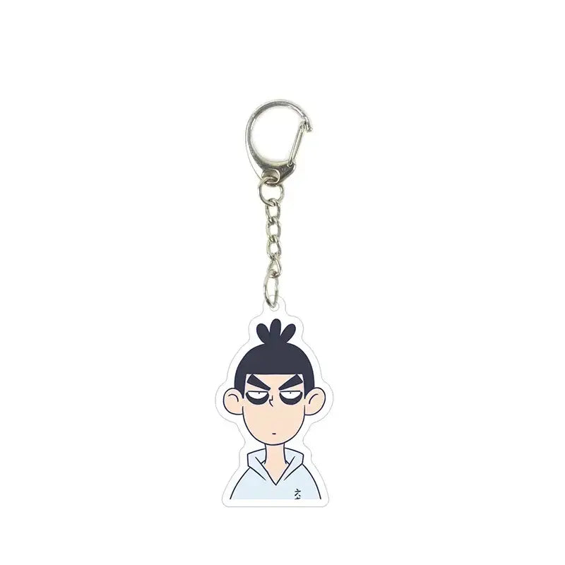 A clear acrylic killer seven keychain featuring a cartoon character with black hair and an angry expression