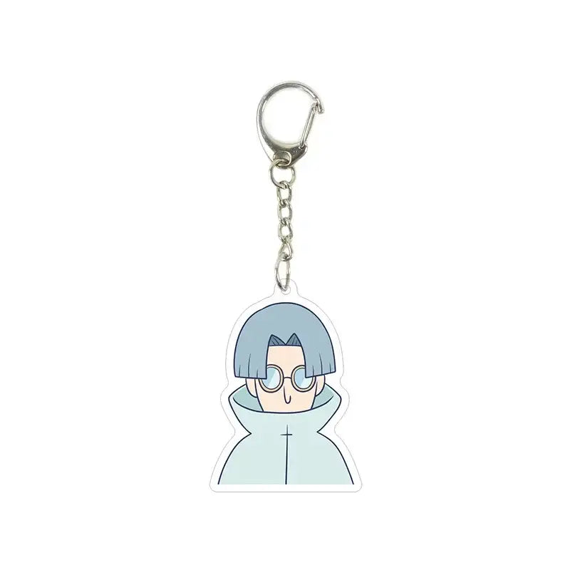 Translucent light blue killer seven acrylic keychain featuring a cartoon character with silver hair and glasses