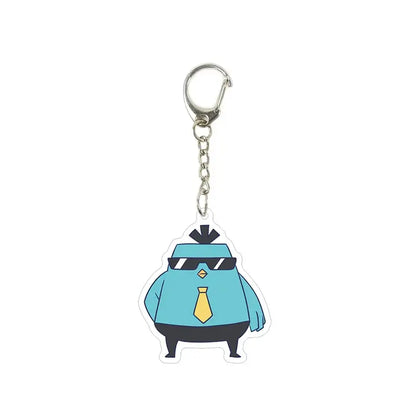 Turquoise killer seven acrylic keychain featuring a cartoon bird with black sunglasses yellow tie and silver clasp