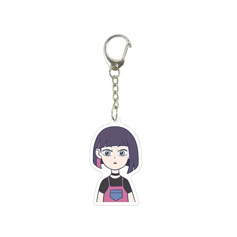 Purple-haired anime girl keychain in pink overalls and black top with silver clasp killer seven acrylic keychain