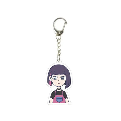 Purple-haired anime girl keychain in pink overalls and black top with silver clasp killer seven acrylic keychain