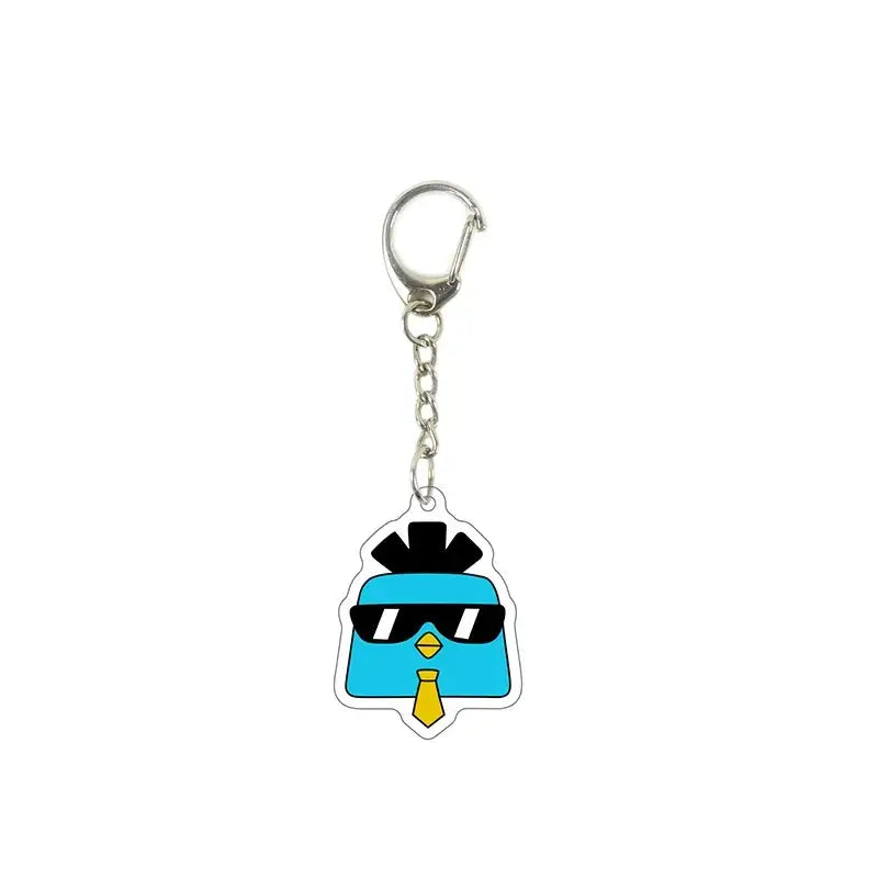 Blue cartoon chicken keychain with black sunglasses and yellow tie killer seven acrylic seven acrylic keychain pendant
