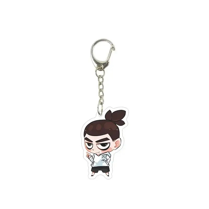 Chibi-style killer seven acrylic keychain featuring a cartoon character with dark brown ponytail in white shirt and black shorts
