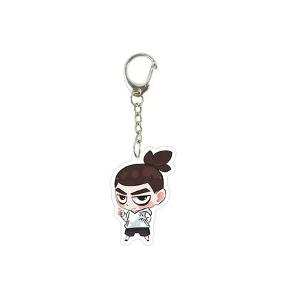 Chibi-style killer seven acrylic keychain featuring a cartoon character with dark brown ponytail in white shirt and black shorts