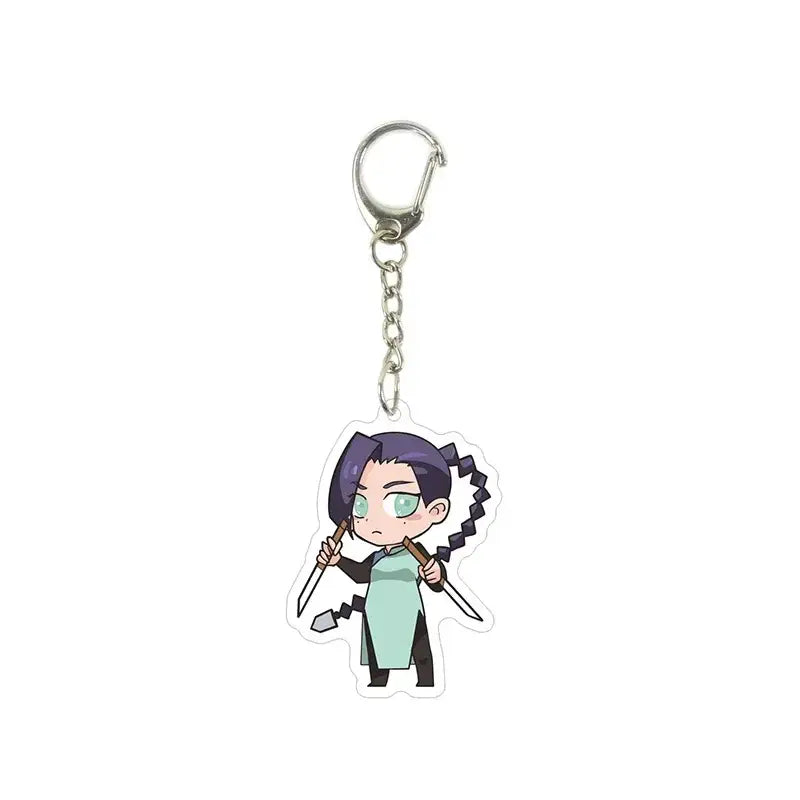A translucent killer seven acrylic keychain featuring a chibi purple-haired character with dual swords and silver clip