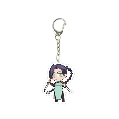 A translucent killer seven acrylic keychain featuring a chibi purple-haired character with dual swords and silver clip