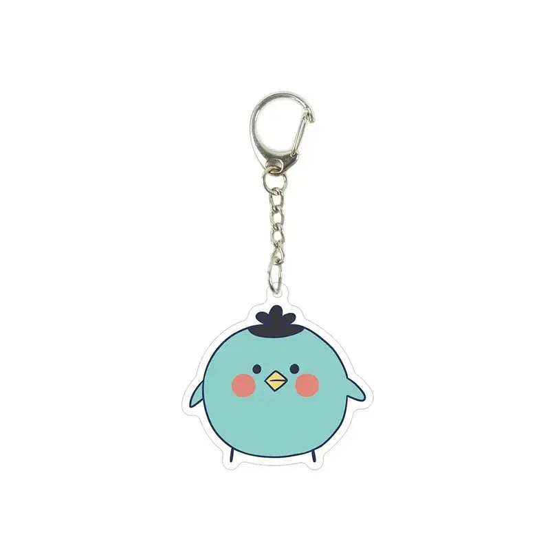 Cute light blue killer seven acrylic keychain featuring round cartoon bird with rosy cheeks and black hair tuft